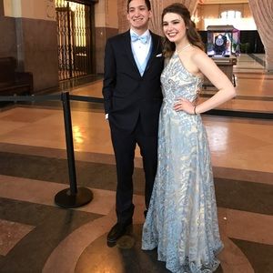 Blue and nude paisley prom dress
